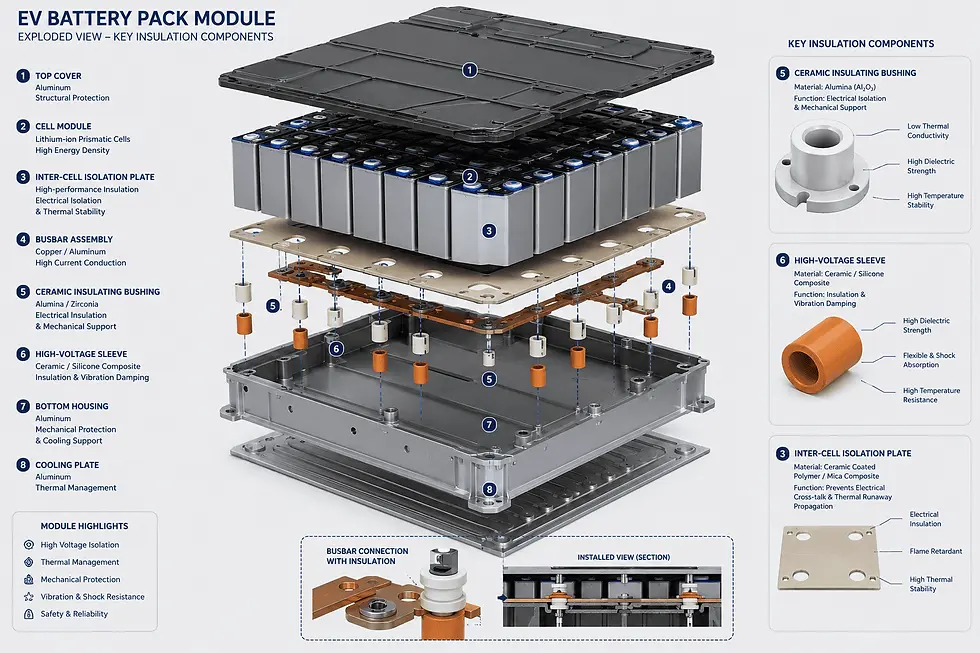 3D exploded view CAD schematic showing ceramic bushings and insulating plates at high-voltage busbar interconnects in a battery pack.