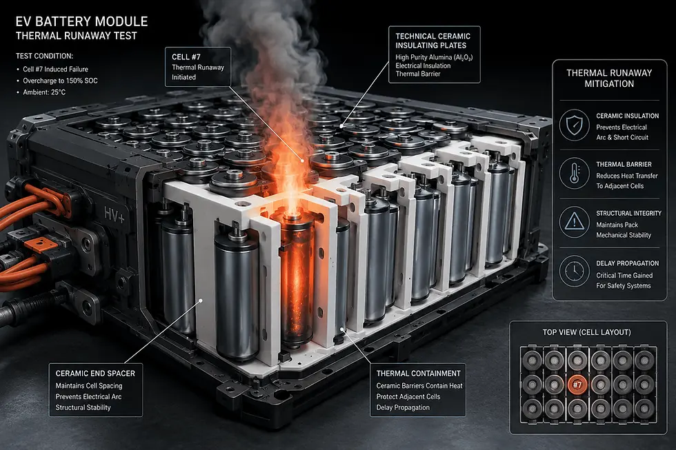 Diagram showing ceramic insulation plates containing thermal runaway between EV battery cells