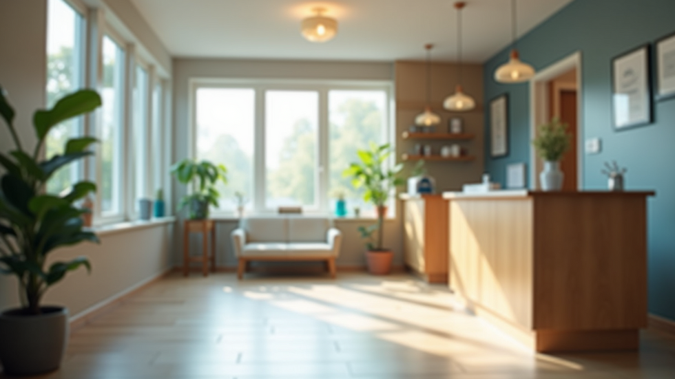 Eye-level view of a cozy healthcare clinic reception area