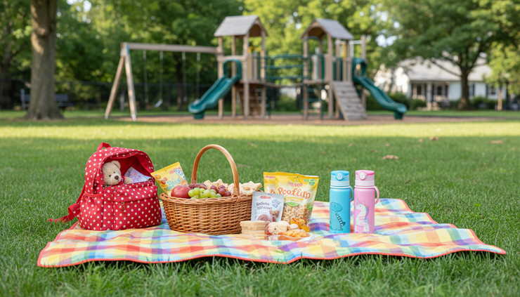 Eye-level view of a picnic blanket with snacks and water bottles beside a park playground.