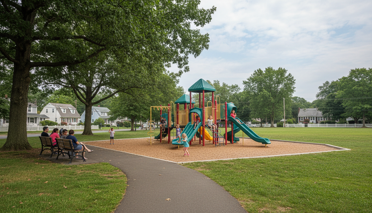 Wide-angle view of children playing on a neighborhood playground with climbing structures and shaded benches.
