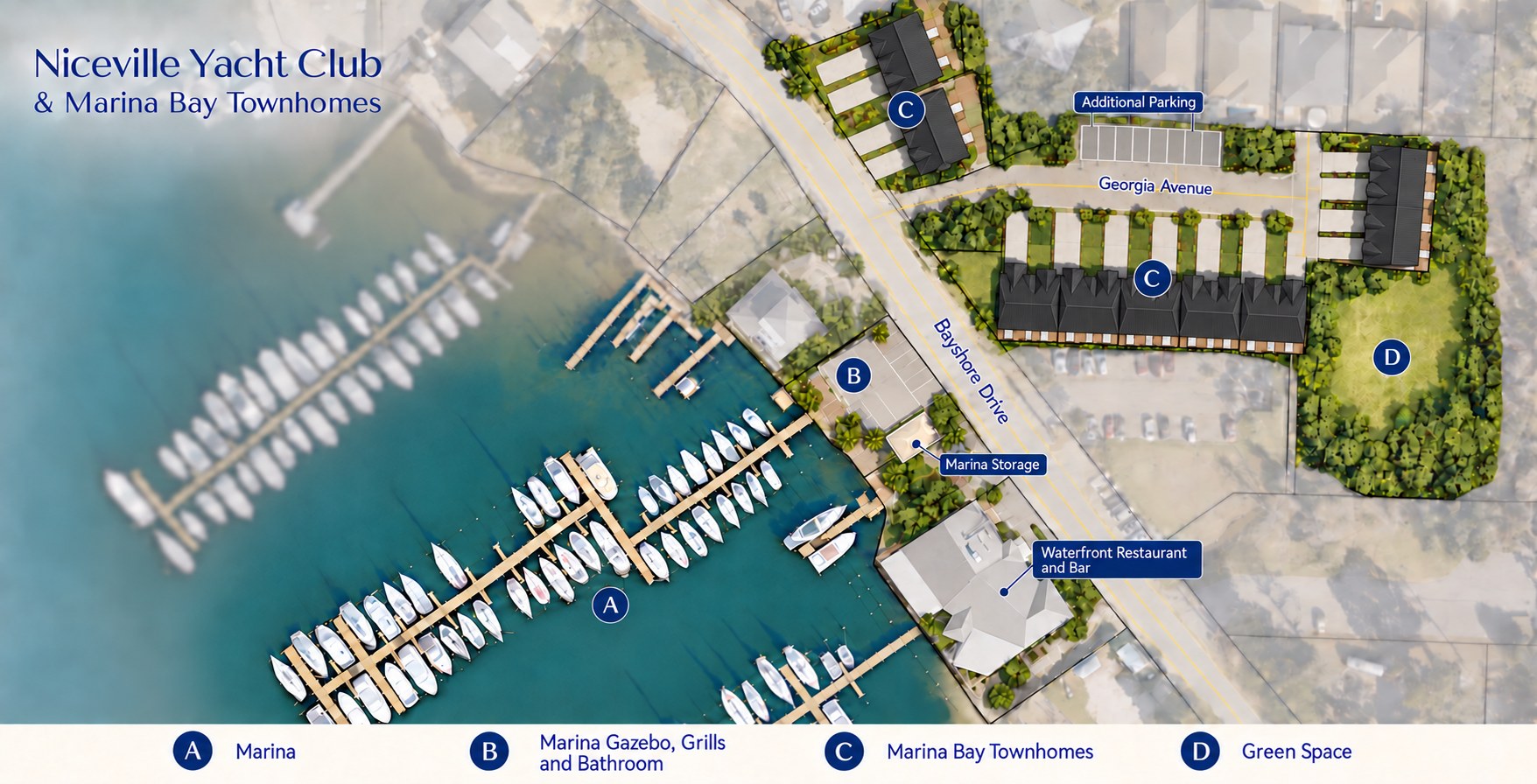 Site plan of Niceville Yacht Club and Marina Bay Townhomes: the marina on the bayou, the gazebo, grills and bathroom beside it, townhomes across Bayshore Drive along Georgia Avenue, additional parking and a green space