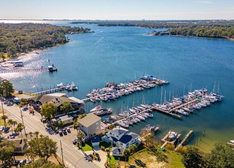 Aerial view of Niceville Yacht Club's docks on Boggy Bayou