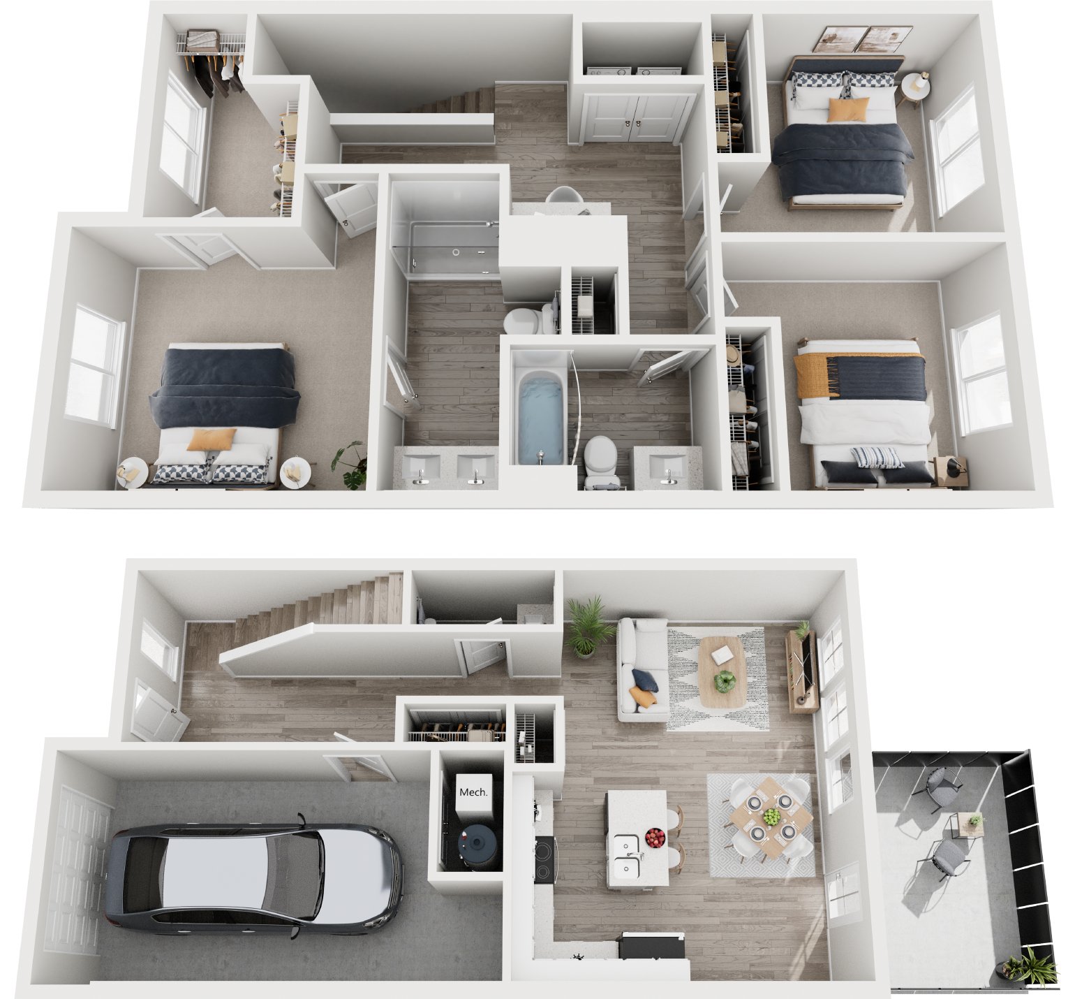 3D floor plan: upstairs with three bedrooms, two baths and laundry; downstairs with garage, kitchen with island, dining, living room and patio
