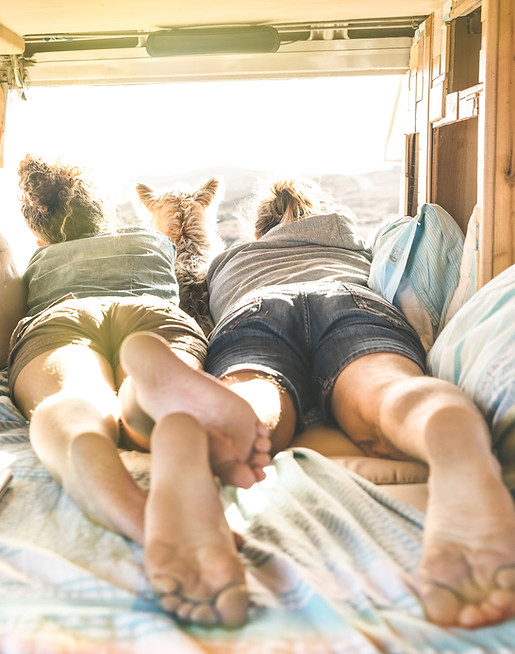 Vanlife Szene mit zwei Personen und Hund im Camper mit gemütlichem Schlafbereich