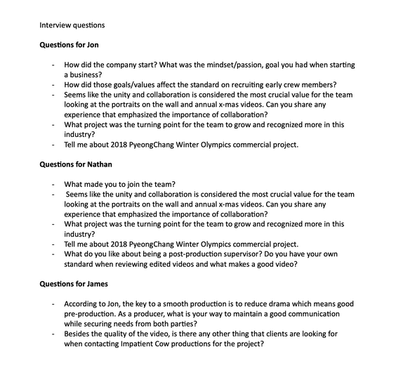 Interview questions for producers, partners.