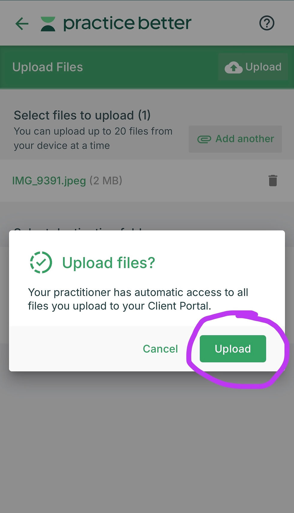 Practice Better app upload files confirmation screen