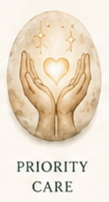 Hands cupping a glowing heart with Priority Care text