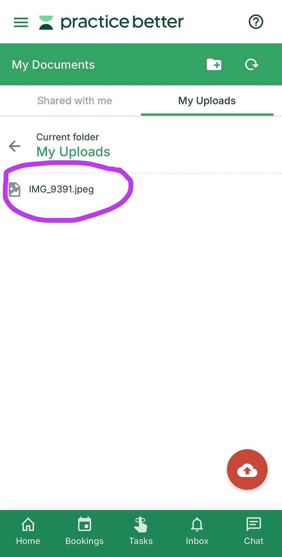 Practice Better app interface showing a file upload .