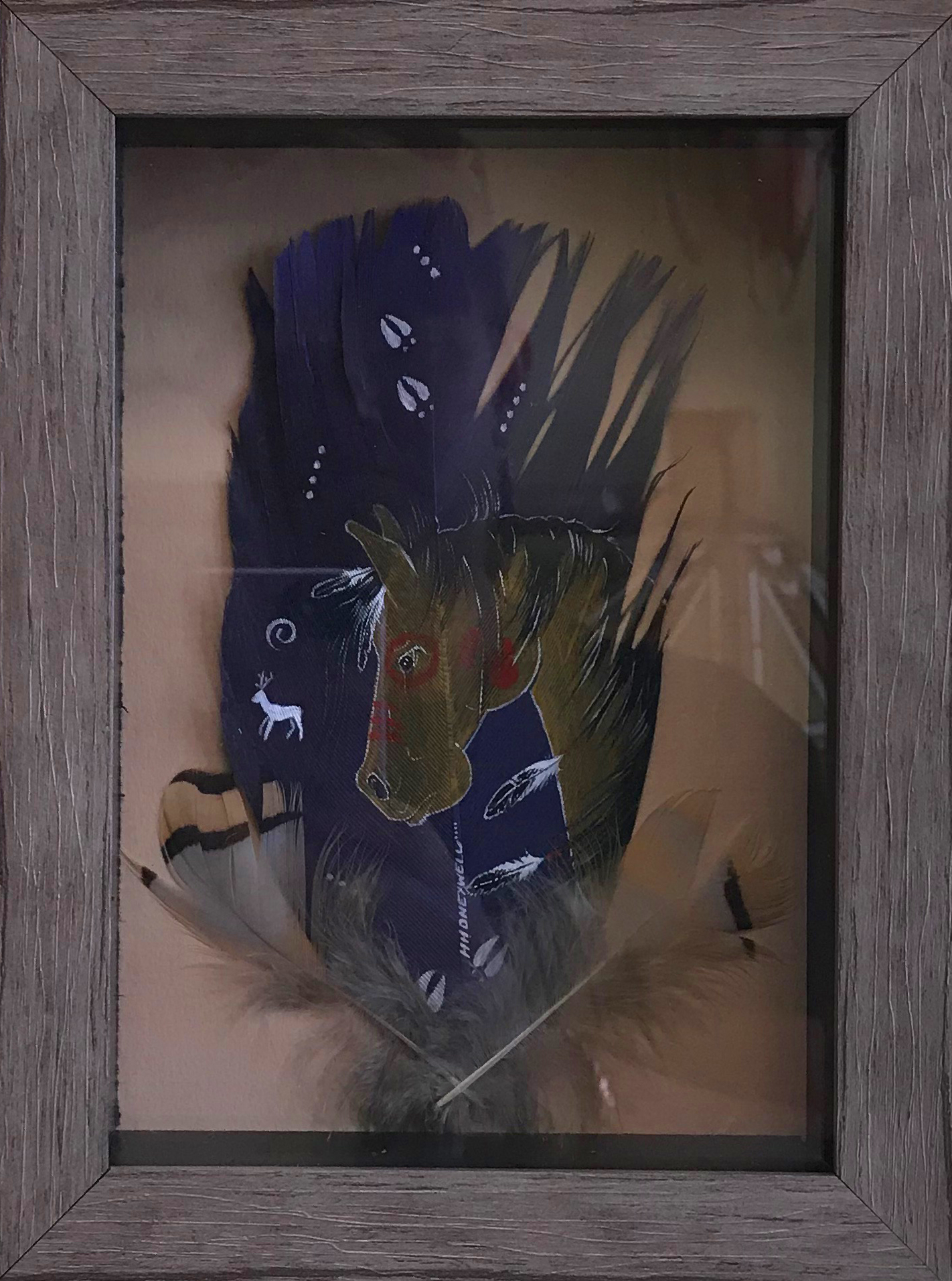 Acrylic on wild turkey feathers - Heather Honeywell horse feather purple
