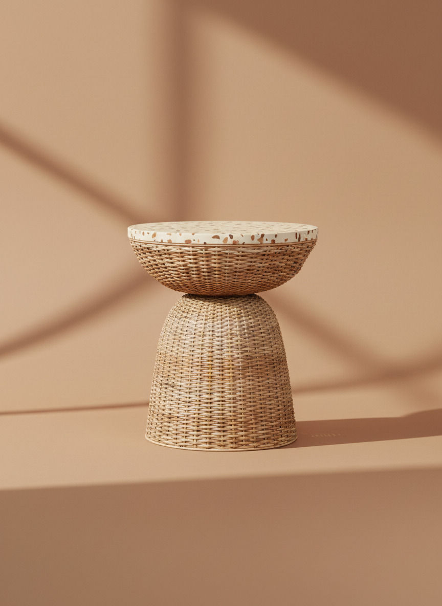 Soat side table by Balquire, featuring a sculptural hourglass base made of hand-woven natural rattan. Available with either a smooth dark wood tabletop or a polished cream terrazzo top with earth-toned stone chips.