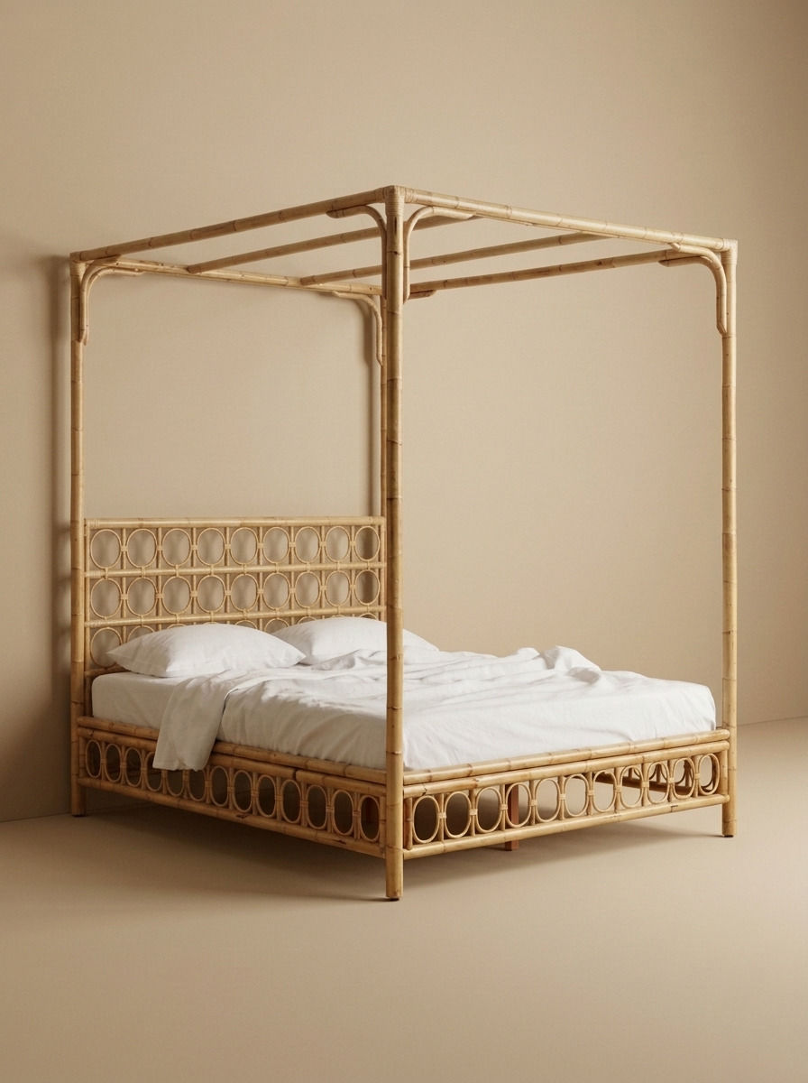 Elys hospitality-grade canopy bed by Balquire, featuring a four-poster structure handcrafted in solid wood and natural rattan with a distinctive circular geometric pattern on the headboard and base, shown against a neutral studio background.