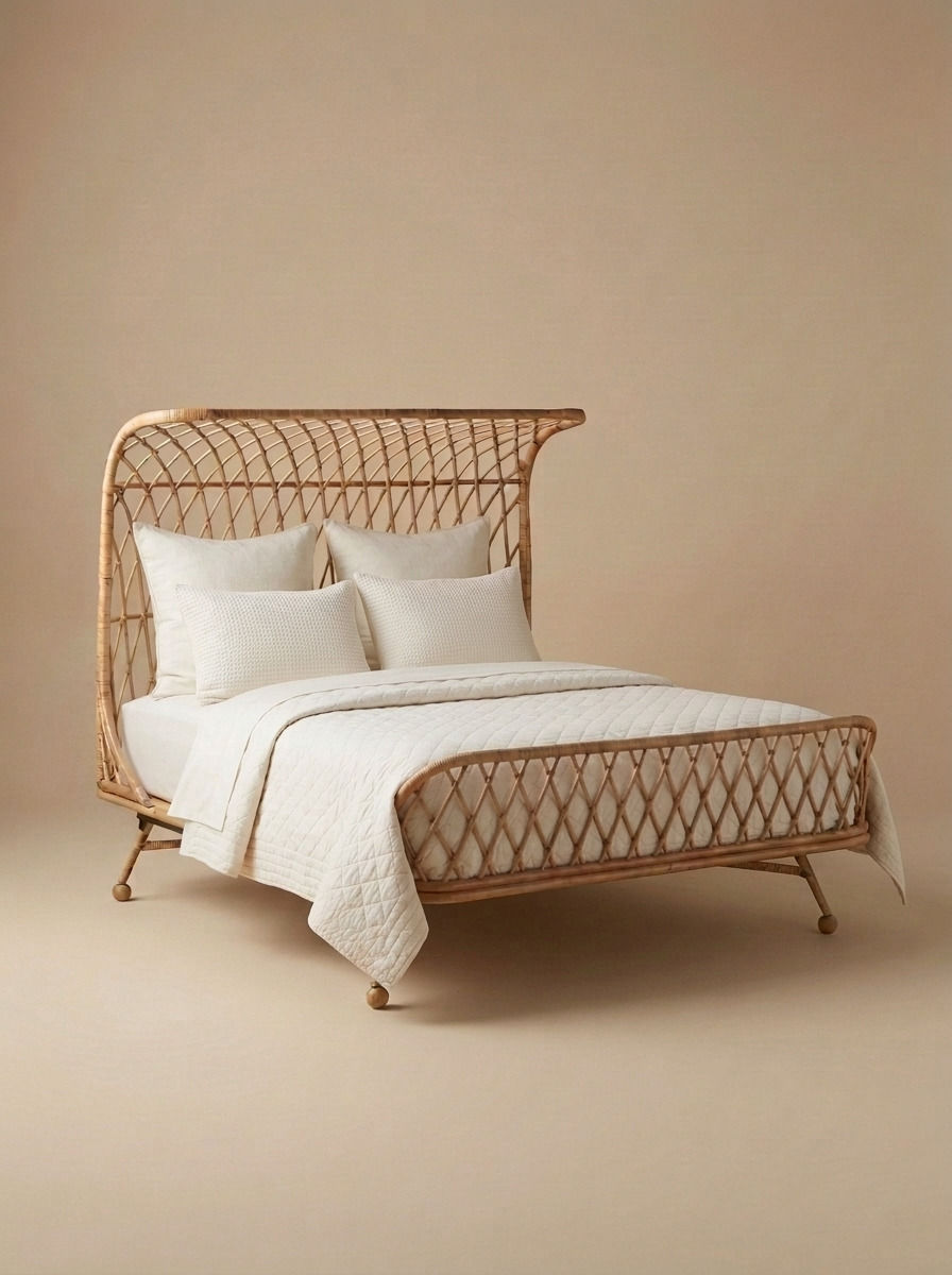 Kover hospitality-grade bed by Balquire, featuring a dramatic curved cocoon headboard in handcrafted natural rattan with a reinforced diamond weave for luxury suites.