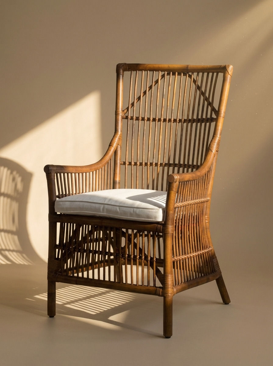 Bibi high-back natural rattan armchair by Balquire, featuring a vertical slatted backrest, elegant curved armrests, and an off-white linen seat cushion, shown in a minimalist studio setting with warm natural sunlight.