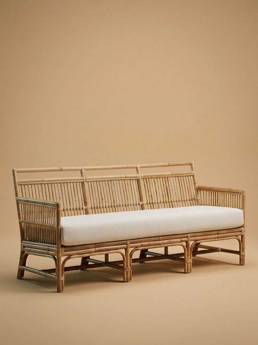 Drift natural rattan sofa by Balquire, featuring a high ribbed backrest, geometric frame with hand-bound joinery, and a long off-white seat cushion, shown in a minimalist studio setting with warm neutral tones.