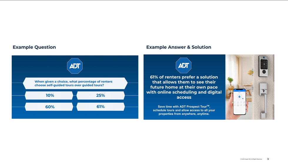 Example question and its solution.
"When given a choice, what percentage of renters choose self-guided tours over guided tours?"
"61% of renters prefer a solution that allows them to see their future home at their own pace with online scheduling and digital access."