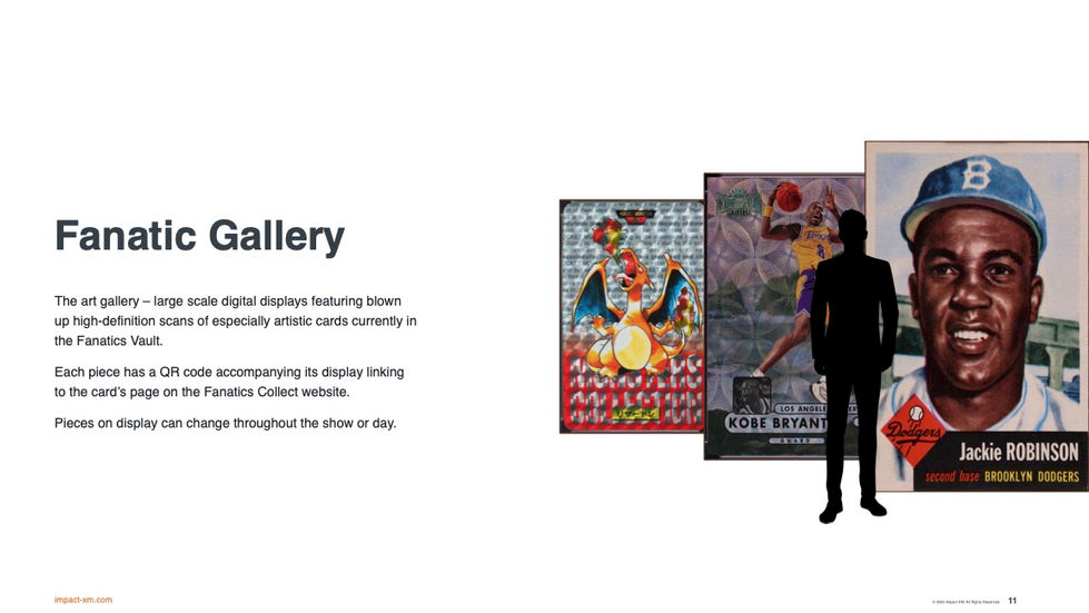 A silhouetted person observes museum-scale card artwork on display, copy reads, "The art gallery – large scale digital displays featuring blown up high-definition scans of especially artistic cards currently in the Fanatics Vault.
Each piece has a QR code accompanying its display linking to the card’s page on the Fanatics Collect website.
Pieces on display can change throughout the show or day."