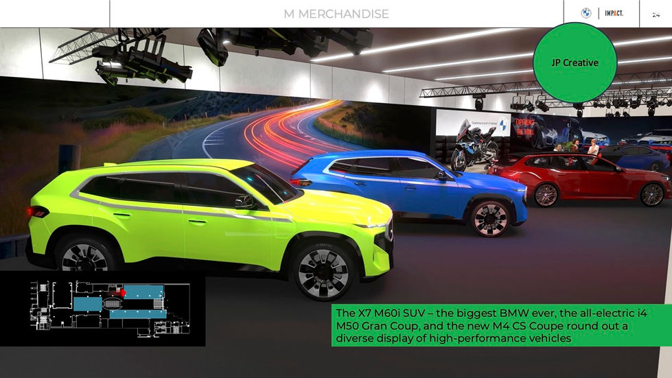 In an unfinished design slide, copy highlights, "The X7 M60i SUV - the biggest SUV ever, the all-electric i4 M50 Grand Coup, and the new M4 CS Coupe round out a diverse display of high performance vehicles."