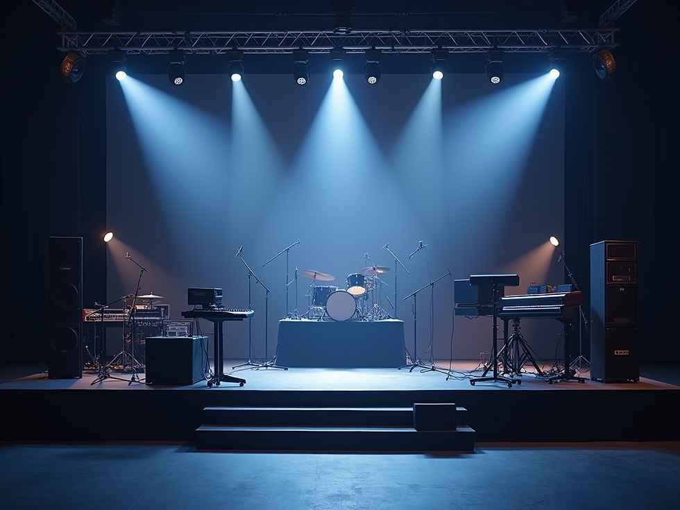 Close-up view of a tablet screen showing a digital stage plot with icons for instruments and microphones