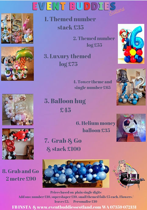 BAPIA accredited birthday balloon displays and party decor price list in Edinburgh by Event Buddies Scotland