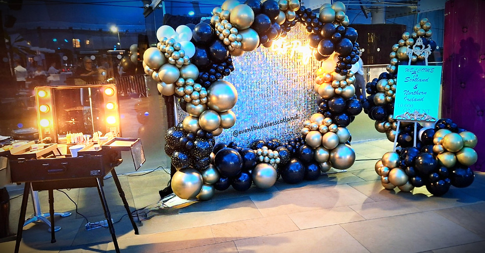Party package including personalised welcome easel and balloon arch, balloon arch frame with sequin wall and LED lights - cusom balloons. Glitter bar for entertaining adults at corporate event dinner party, interactive event entetainment and roaming glitter artist at tables. Edinburgh Events and Entertainment business