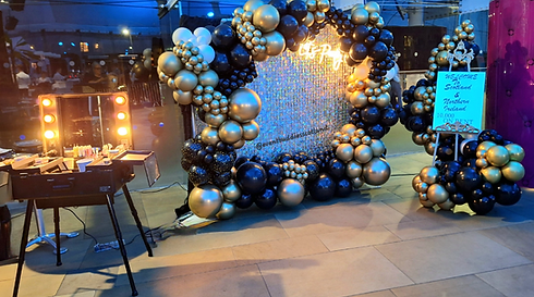 Event Decor corporate event dinner party sequin wall LED light balloon arch, welcome easel organic balloon arch glitter bar