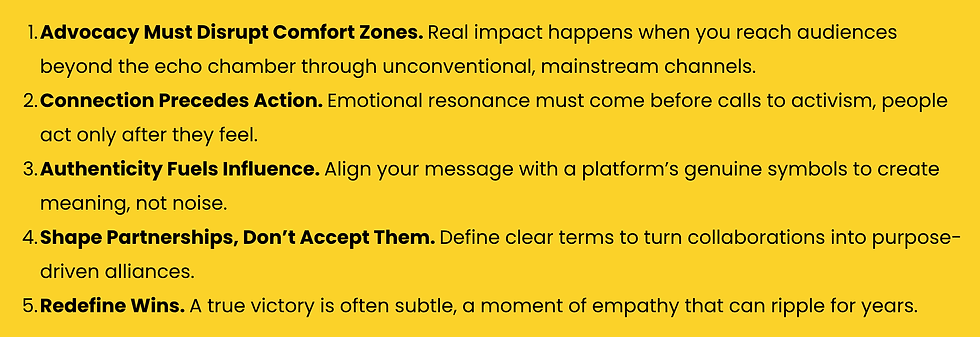 Yellow background with black text displaying five numbered insights on engagement, listening, and change emphasizing humility and understanding.