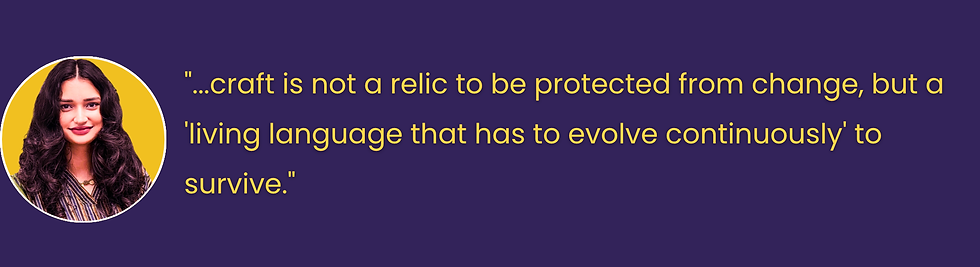 Smiling person with a colorful scarf on a yellow circle backdrop. Quote: "The foremost trait I look for is empathy, followed by humor and an entrepreneurial spirit." Navy background.