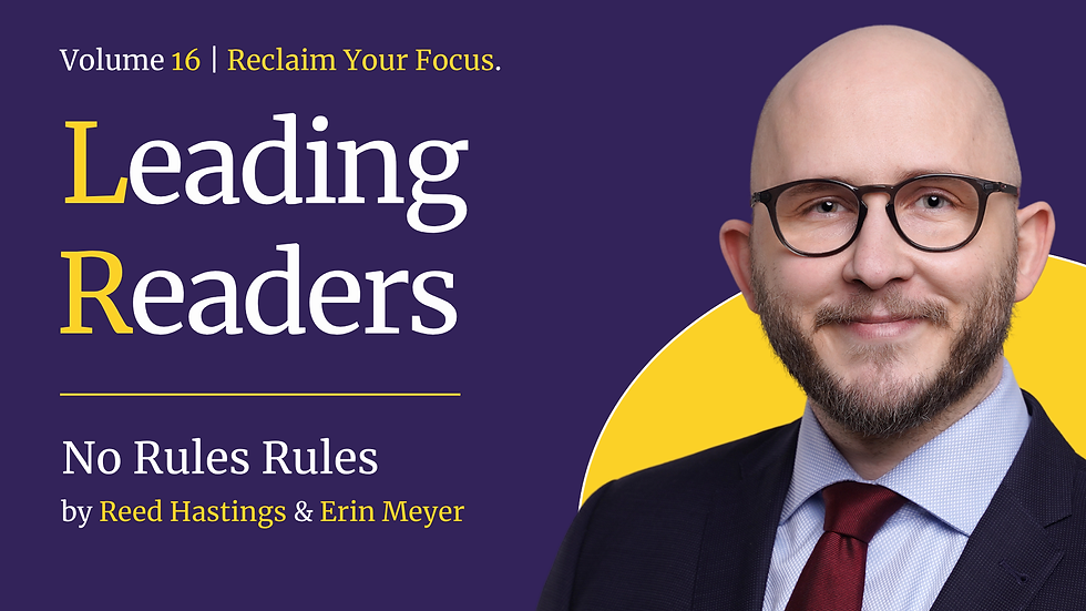 Bald man in glasses smiling on a purple and yellow background with text: Volume 14 | Reclaim Your Focus. Leading Readers. Dare to Lead by Brené Brown.
