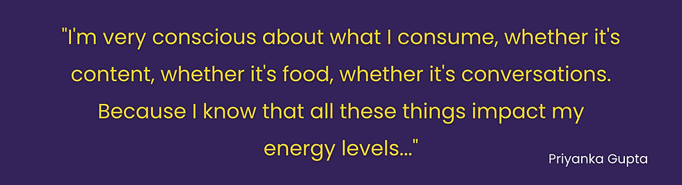 Yellow text on a dark purple background reads: "The first step is always, to have clarity on who you want to become, right? Your identity, right? And then the habits will follow." - Priyanka Gupta.