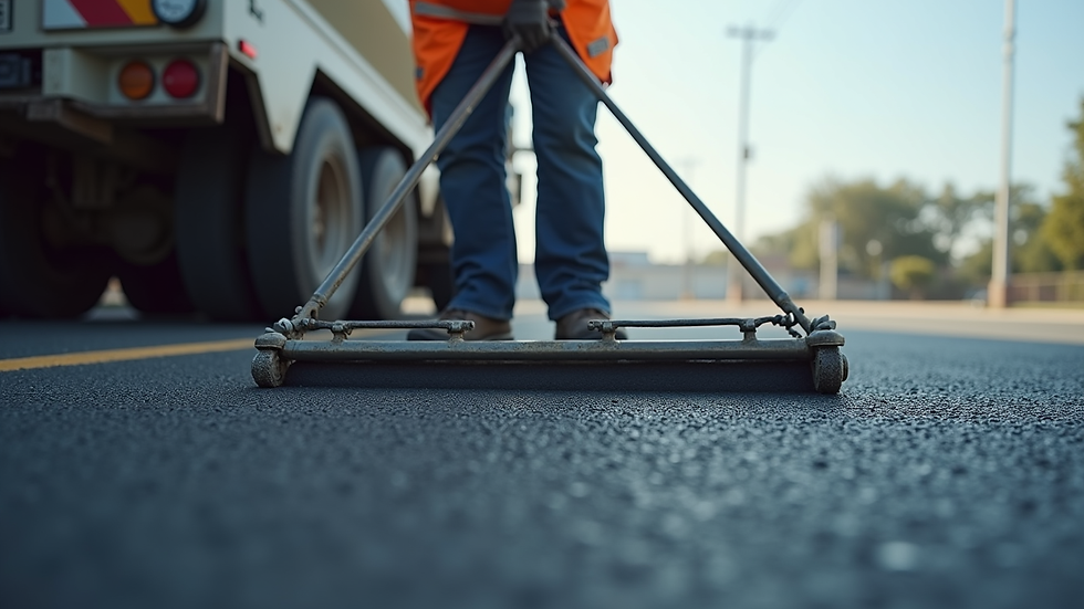 Eye-level view of a squeegee applicator spreading sealcoat on asphalt