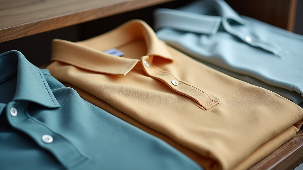 Close-up view of folded polo shirts in neutral colours