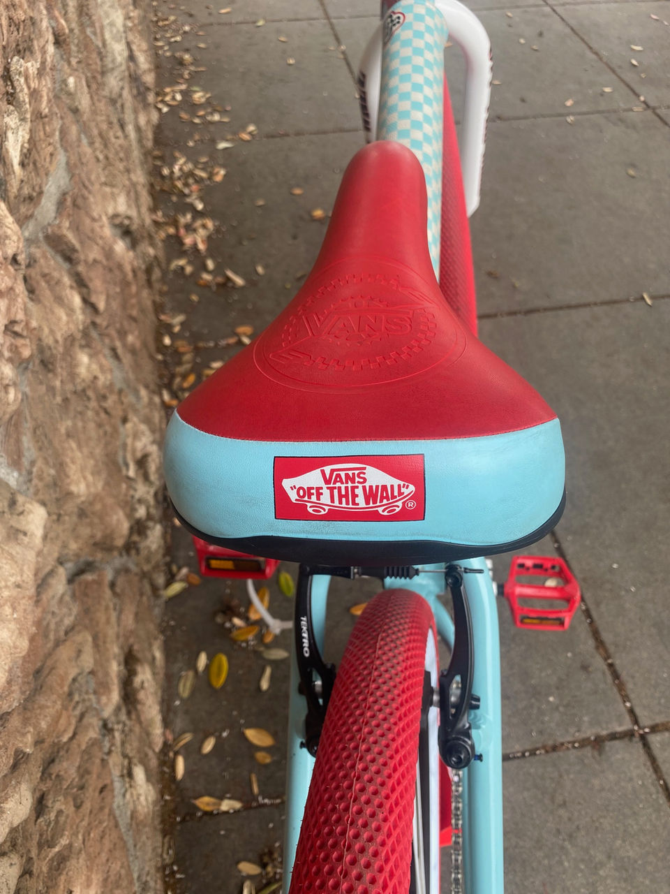 Red and blue VANS bicycle seat BMX at Ocean Cyclery