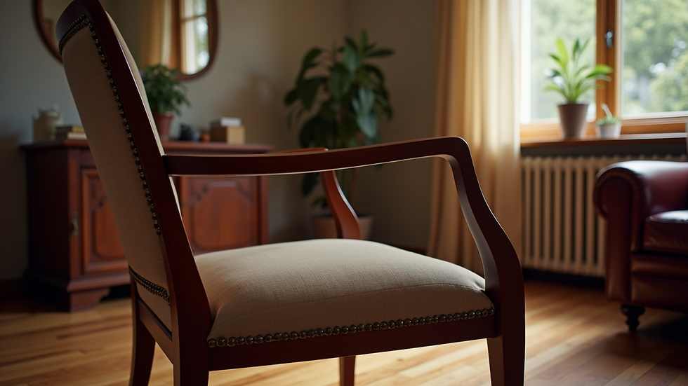 Eye-level view of polished mahogany chair in a living room setting
