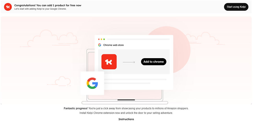 Google Chrome Web Store prompt to add Kelpi extension, congratulating user on adding a free product. Background has clouds, soft hues.