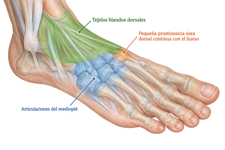 Anatomía del empeine y estructuras que pueden originar un bulto. Imagen generada con IA y revisada por el equipo médico de Talus Foot doctors