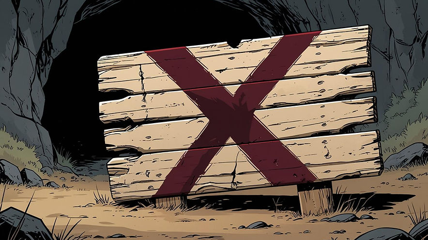 A mature cartoon style illustration of a weathered, wooden plank sign with a bold red X pa