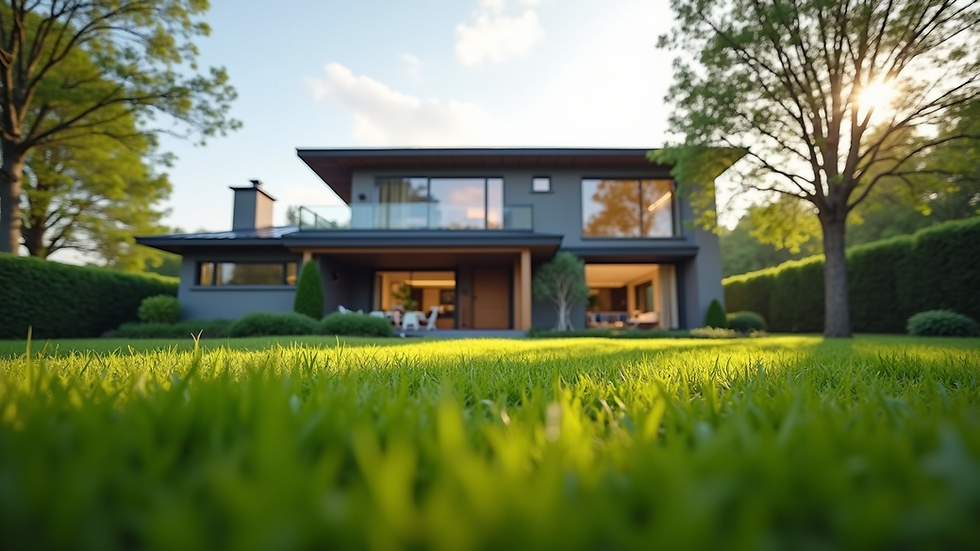 Eye-level view of a modern suburban home with a well-maintained lawn