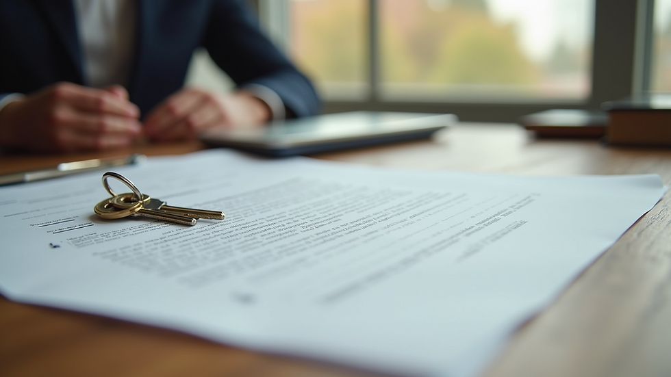 Close-up view of a real estate contract and keys on a wooden table