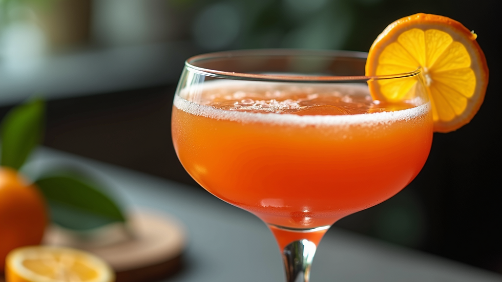 Close-up view of a colorful layered cocktail with a citrus twist garnish