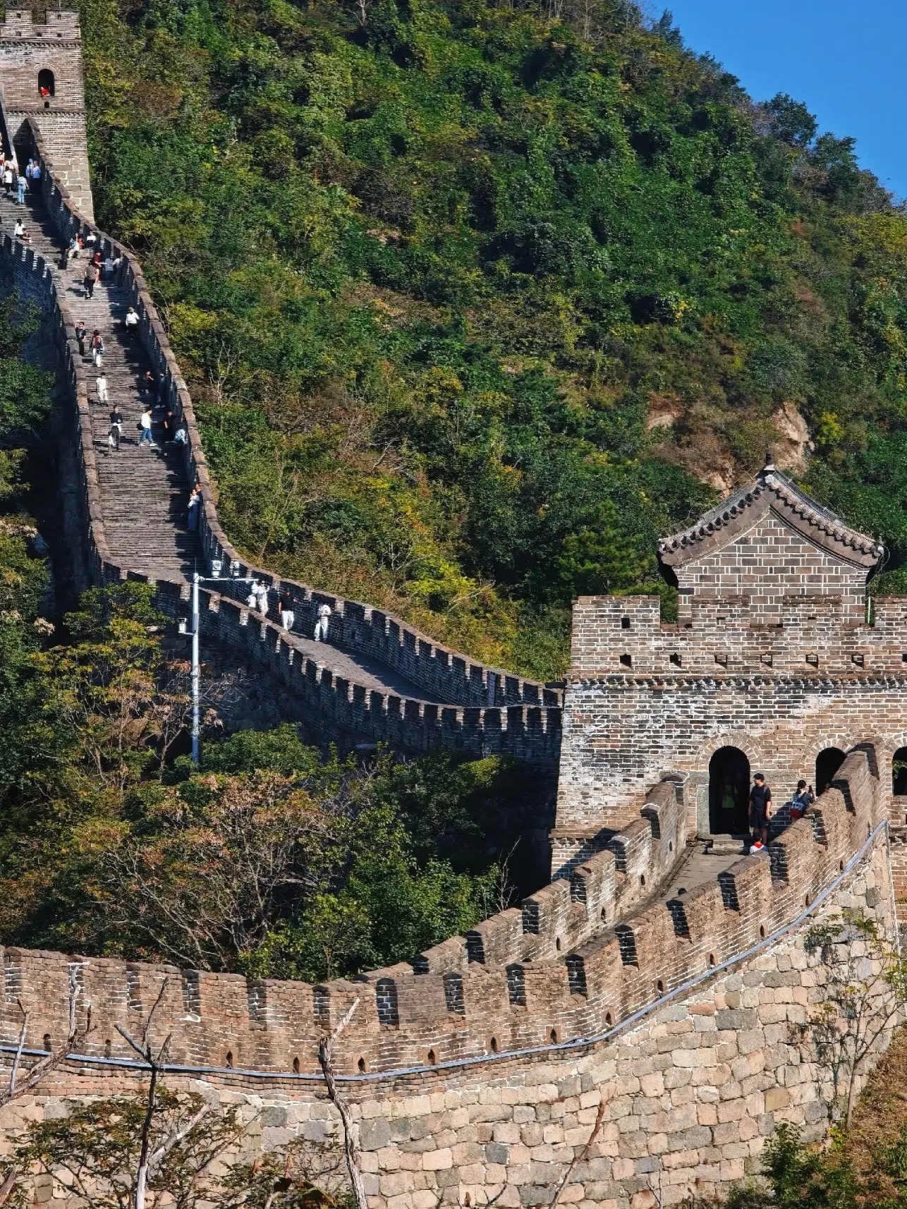 Mutianyu Great Wall with steep stone steps and restored watchtowers, hikers walking along the wall surrounded by green mountain scenery near Beijing.
