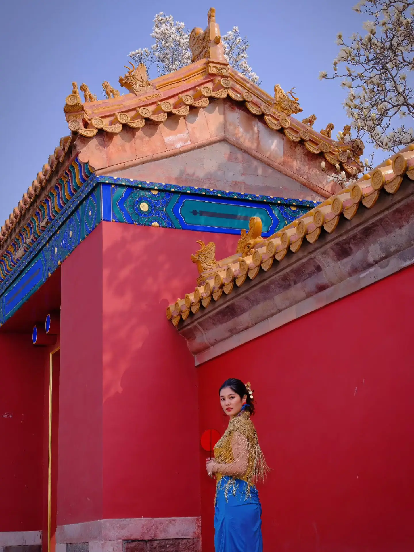 Ditan Park in Beijing, also known as the Temple of Earth, featuring traditional red walls, golden roof tiles, and quiet historic corners near the Lama Temple.