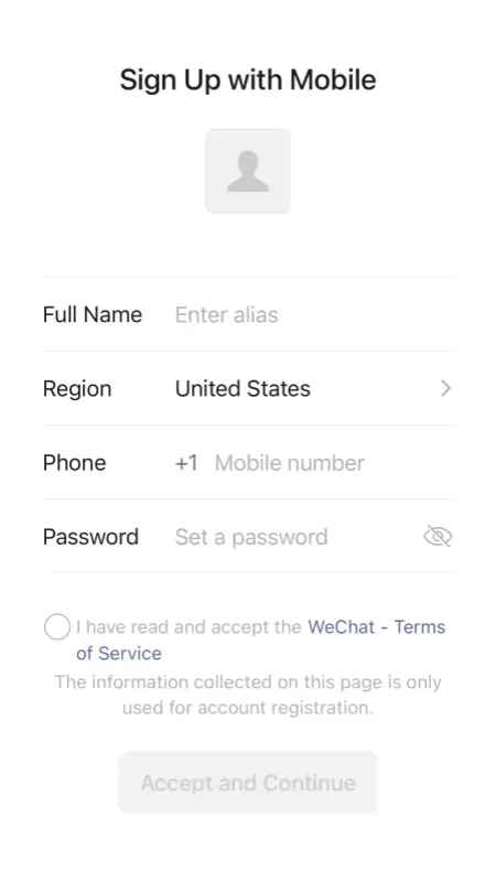 Wechat international sign-up