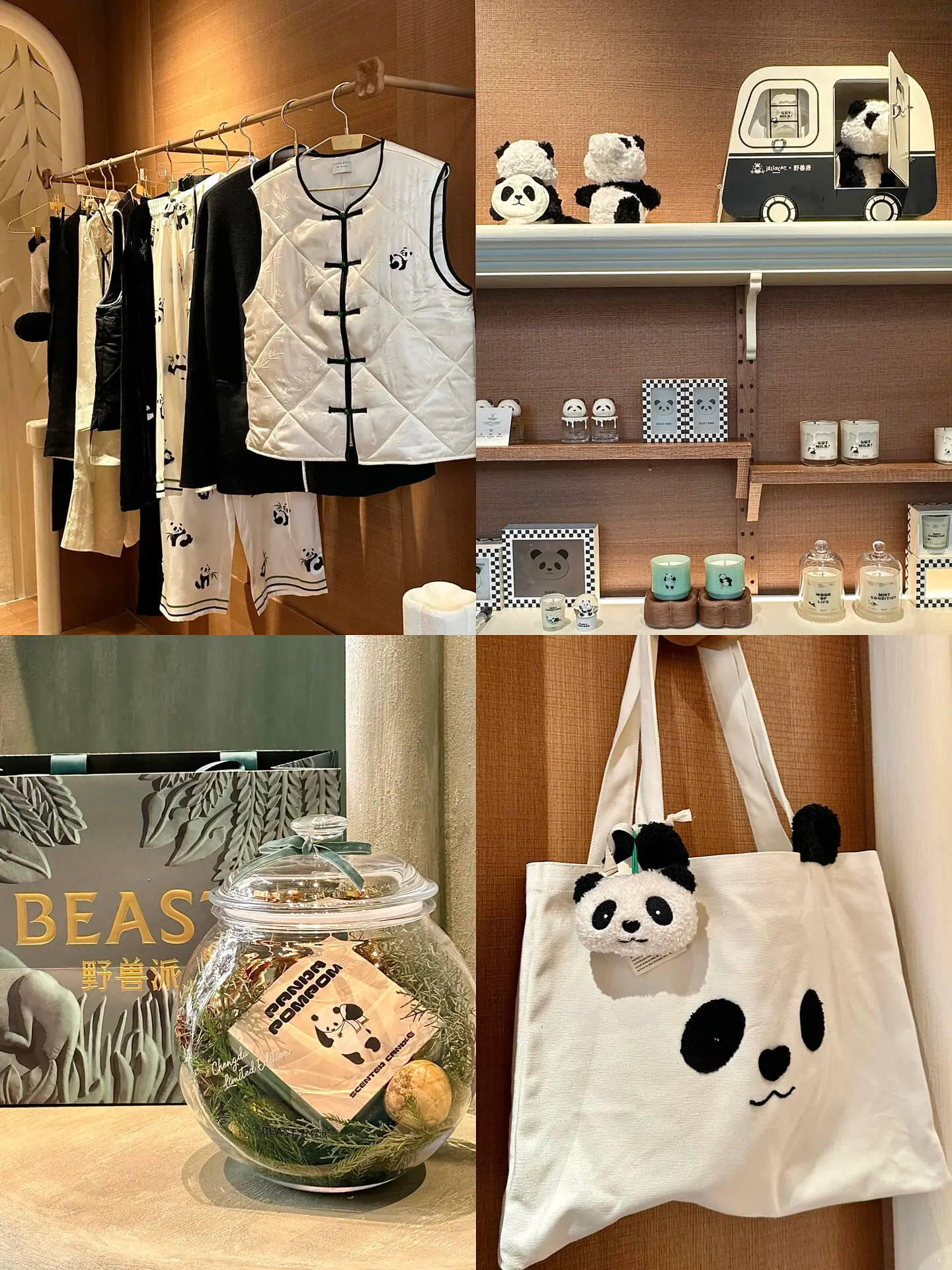 THE BEAST panda collection lifestyle products display in Shanghai store – clothing, candles, and home decor