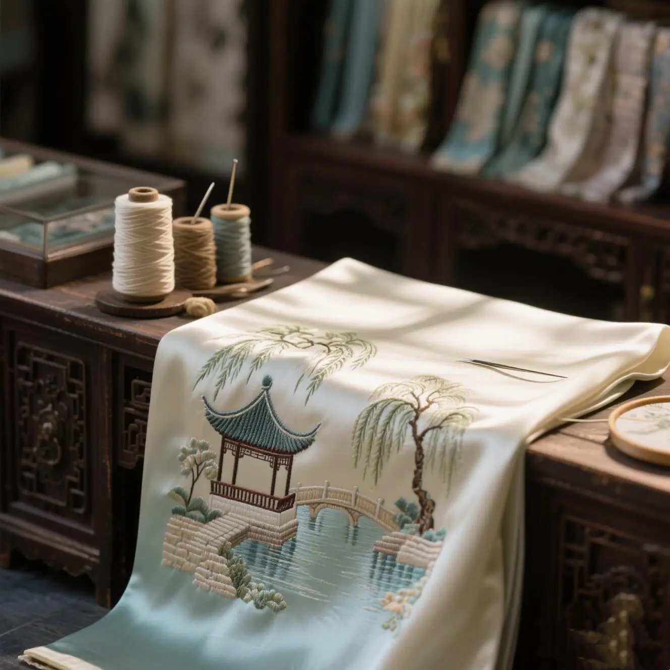 Beijing silk fabric with traditional embroidery of a pavilion and landscape, displayed in a classic Qianmen-style shop setting.