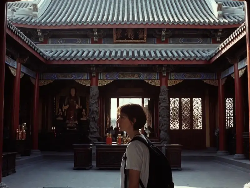 Tourists observing quiet respect and appropriate dress at a Chinese temple.