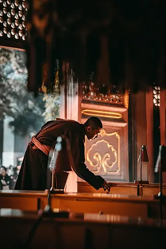Bite Escape private tour scene inside Lama Temple with monk, incense, and peaceful spiritual atmosphere