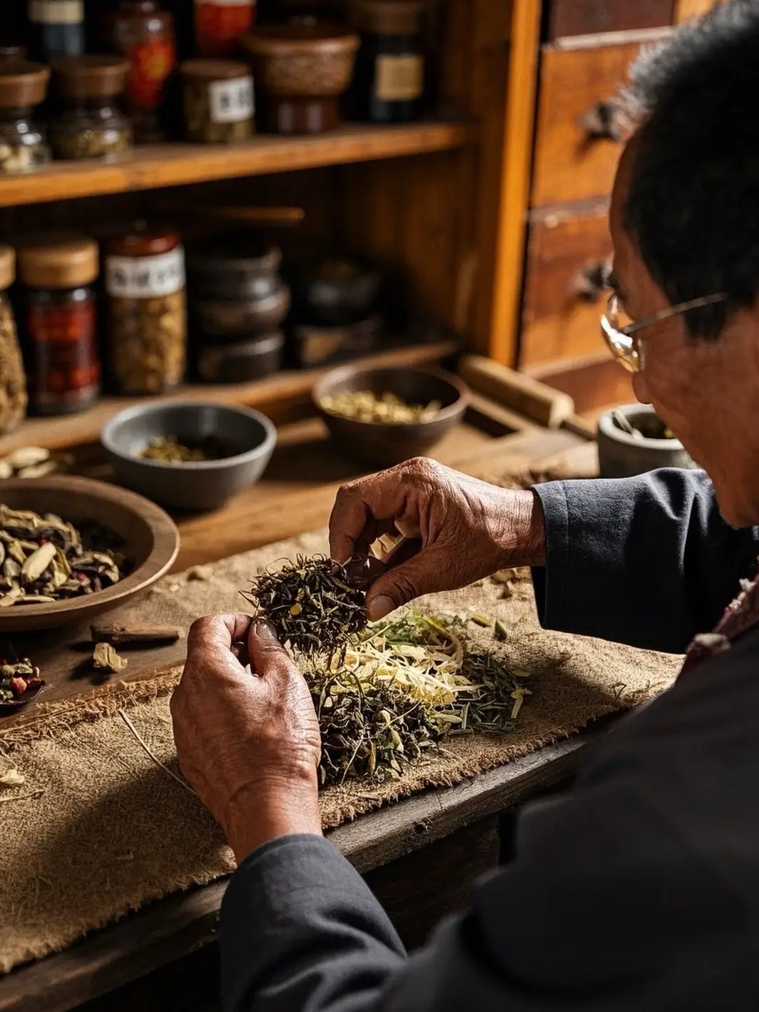 Practitioner preparing Chinese herbal medicine ingredients during a Traditional Chinese Medicine experience in Beijing
