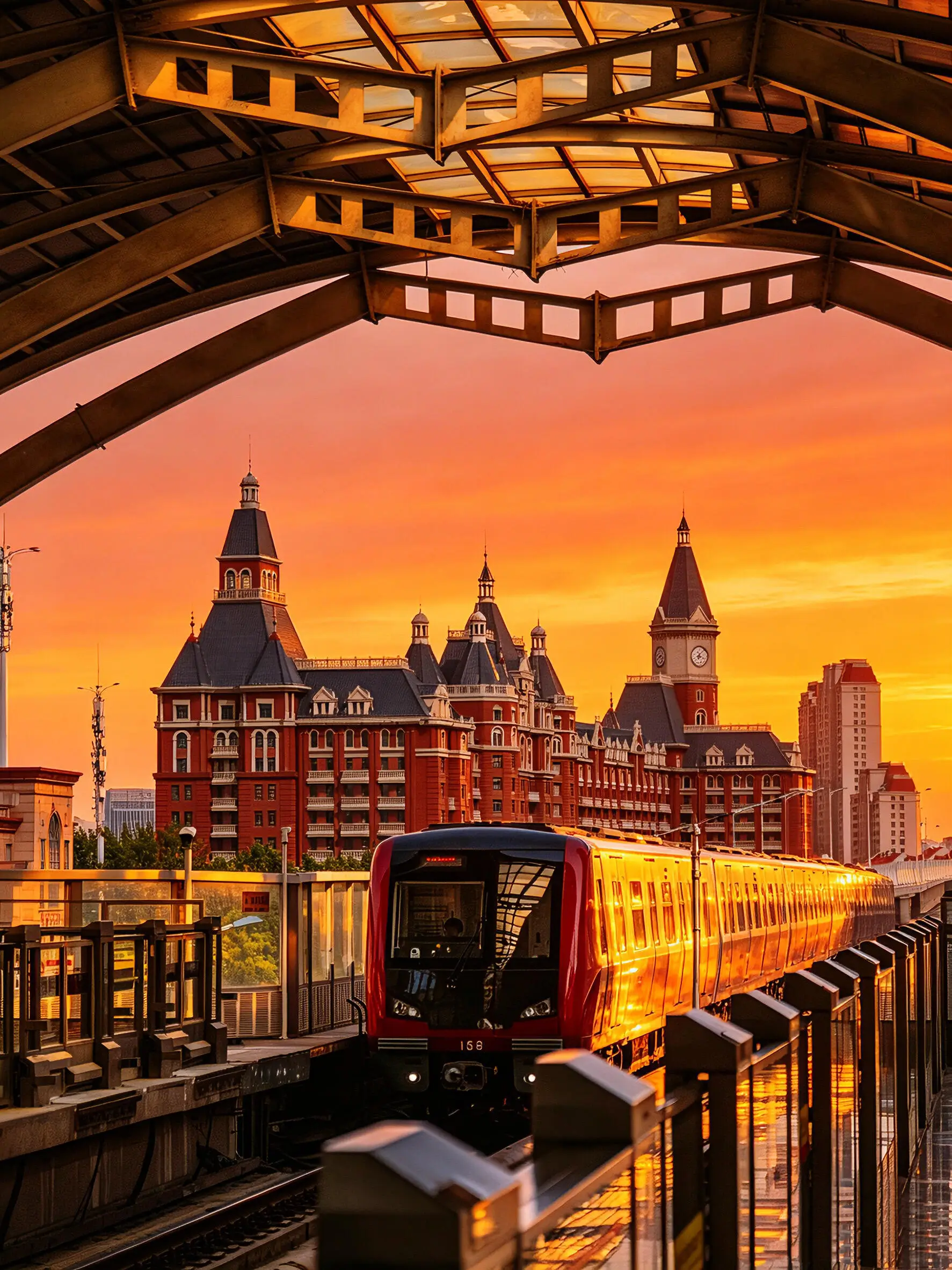 Tianjin Metro Line 1 train heading toward Shuangheqiao with historic European-style buildings in the background during sunset