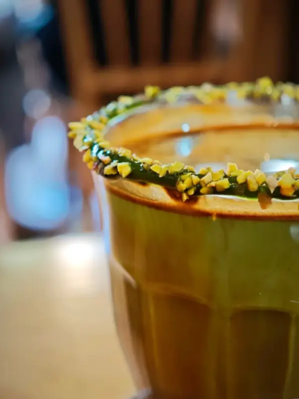 Close view of the creamy Happy Ghost Dirty topped with crumble